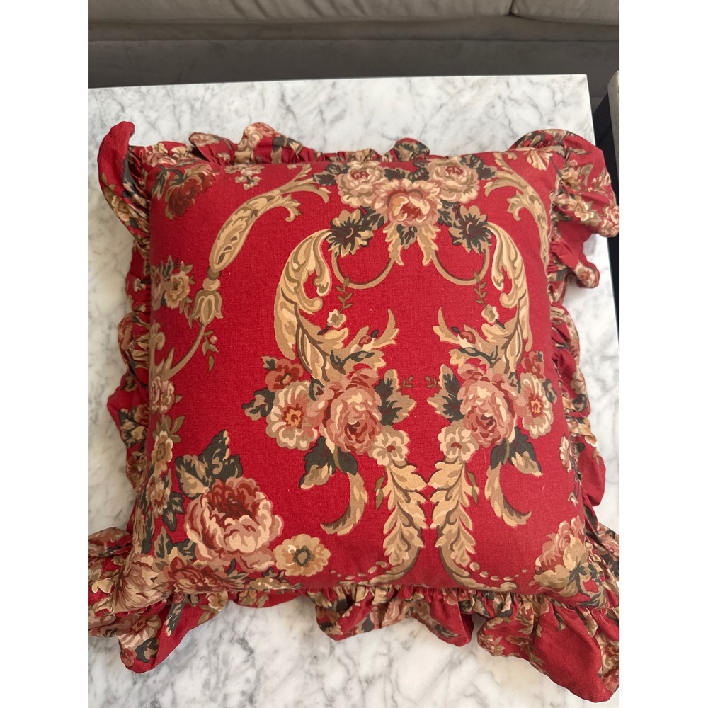 Vtg Ralph Lauren Danielle Marseilles Red Floral Ruffled Feather Throw Pillow